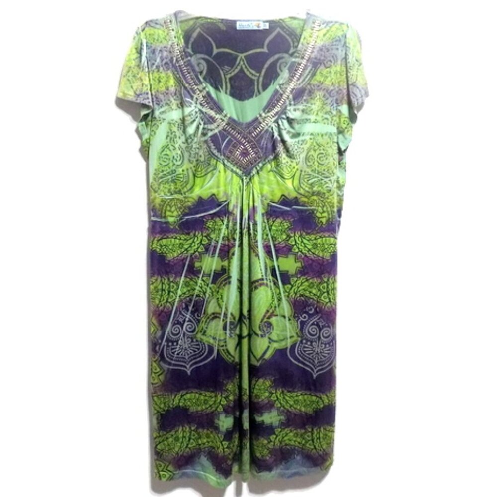 Unity World Wear Women’s Green Paisley, Beaded Neckline, Short Sleeve Dress - XL